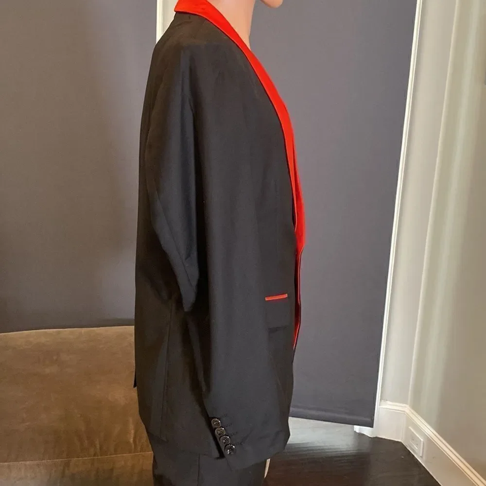Men’s 3 Piece Slim Fit Tuxedo Black with Red Detail Shawl Lapel Size XS NWT